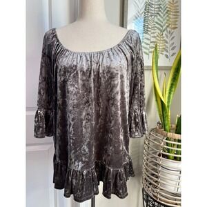 Beach Lunch Lounge Crushed Velvet Peplum Top Brown Bell Sleeve Ruffle Hem Large